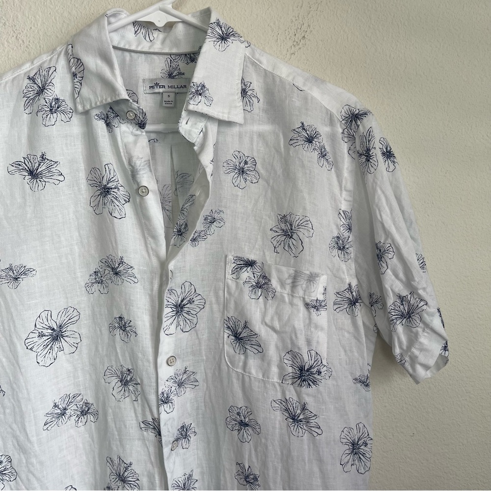 Peter Millar Floral Hibiscus Beach Short Sleeve Button Up 100% Linen Shirt